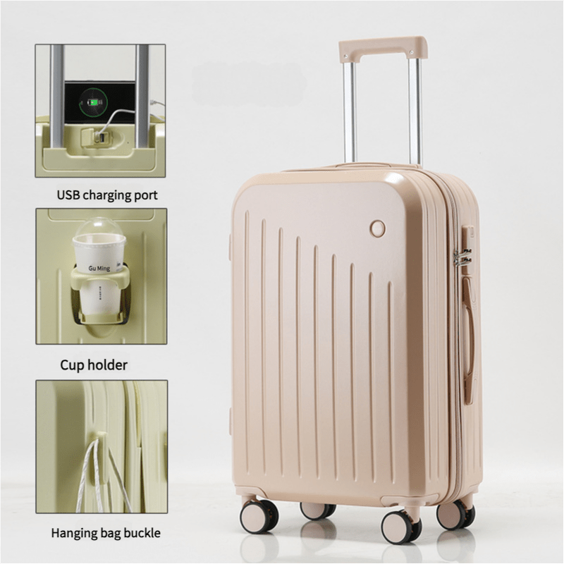 Smart Carry-On Luggage with Cup Holder & USB Charging Port - Pink Color Spinner Suitcase for Travel Convenience 24 inch - Glam Warehouse