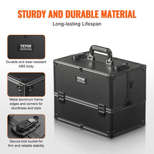 VEVOR Makeup Train Case 370MM Large Portable Cosmetic Case, 6 Tier Trays Professional Makeup Storage Organizer Box Make Up Carrier with Handle And Strap Travel Case for Women and Girls - Black - Glam Warehouse