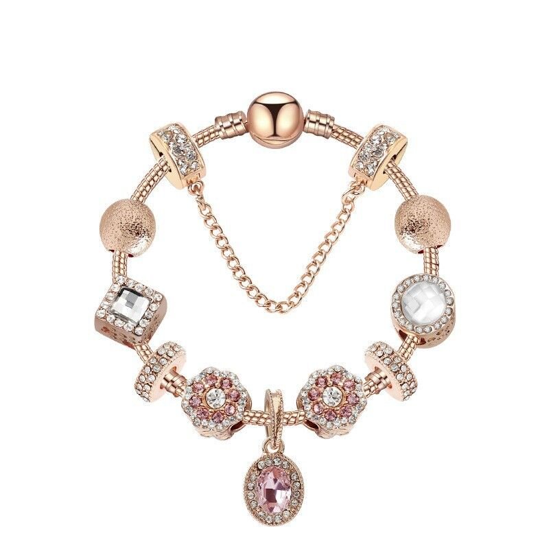 Vintage Gold Bracelet with Crystal, Zircon & Floral Beads, Oval Zircon Pendant(17cm) - Glam Warehouse