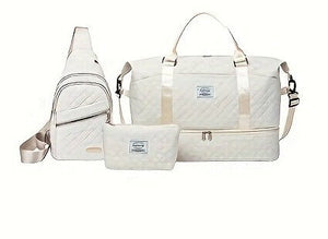 White Chic 3-Piece Quilted Travel Bag Set - Duffel, Crossbody Sling & Toiletry Pouch - Large Capacity & Lightweight - Glam Warehouse