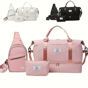 White Chic 3-Piece Quilted Travel Bag Set - Duffel, Crossbody Sling & Toiletry Pouch - Large Capacity & Lightweight - Glam Warehouse