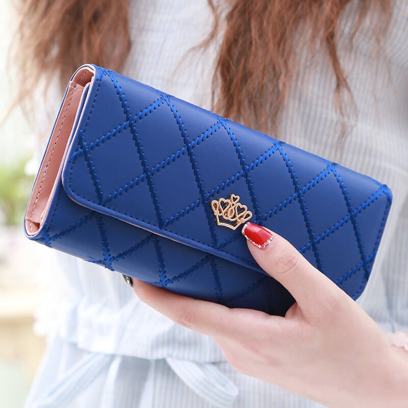 Women's Quilted Leather Wallet, Stylish Long Clutch with Heart Accent, for Cards & Cash Organization(blue) - Glam Warehouse