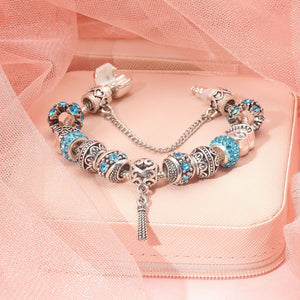 Women’s Vintage Silver-Plated Charm Bracelet - Crystal-Embedded Hollow Carved Multi-Bead Fashion Jewelry(blue-17cm) - Glam Warehouse