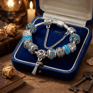 Women’s Vintage Silver-Plated Charm Bracelet - Crystal-Embedded Hollow Carved Multi-Bead Fashion Jewelry(blue-20cm) - Glam Warehouse