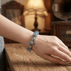 Women’s Vintage Silver-Plated Charm Bracelet - Crystal-Embedded Hollow Carved Multi-Bead Fashion Jewelry(blue-20cm) - Glam Warehouse