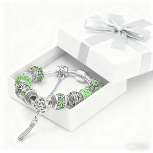 Women’s Vintage Silver-Plated Charm Bracelet - Crystal-Embedded Hollow Carved Multi-Bead Fashion Jewelry(green-17cm) - Glam Warehouse