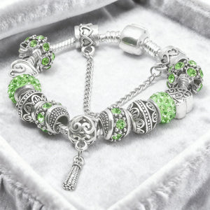 Women’s Vintage Silver-Plated Charm Bracelet - Crystal-Embedded Hollow Carved Multi-Bead Fashion Jewelry(green-19cm) - Glam Warehouse