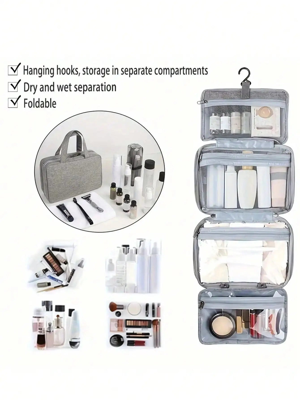 1pc Multi-Functional Foldable Dry And Wet Separation Cosmetic Bag - Glam Warehouse