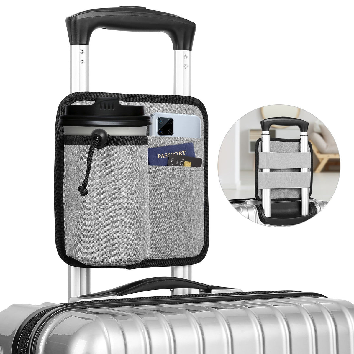 2 Pcs Black Hands-Free Luggage Handle Travel Cup Holder & Organizer Pouch - Glam Warehouse