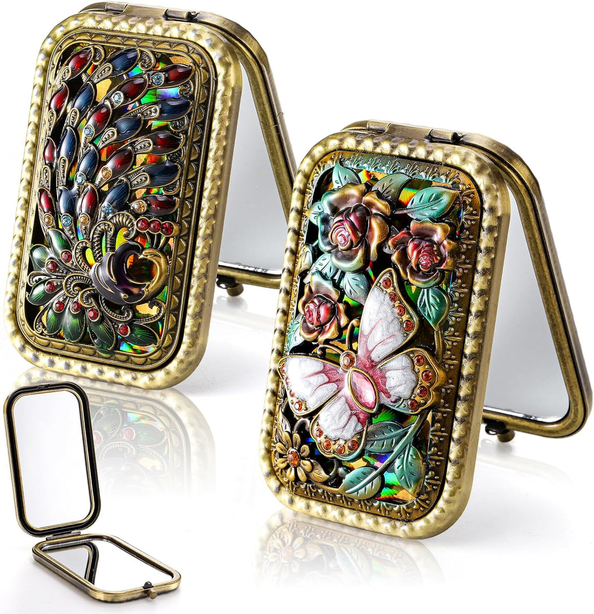2 Pcs Vintage Foldable Makeup Mirror, Portable Cosmetic Pocket Double Sided Butterfly Peacock Vanity Metal Compact Small Folding Travel Mirror for Woman Girls - Glam Warehouse