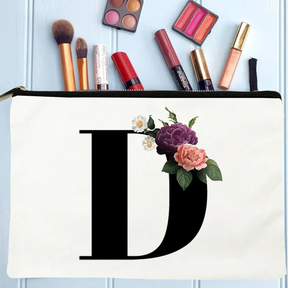 White Makeup Bags Flowers Alphabet Print