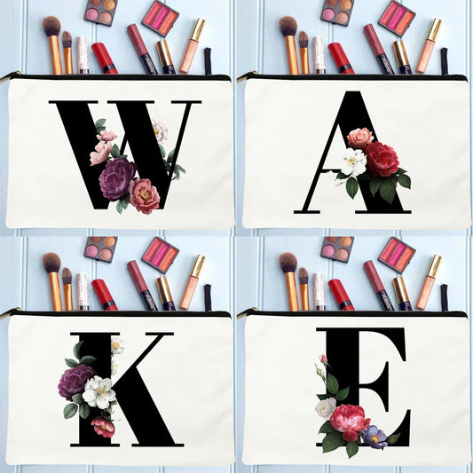 White Makeup Bags Flowers Alphabet Print