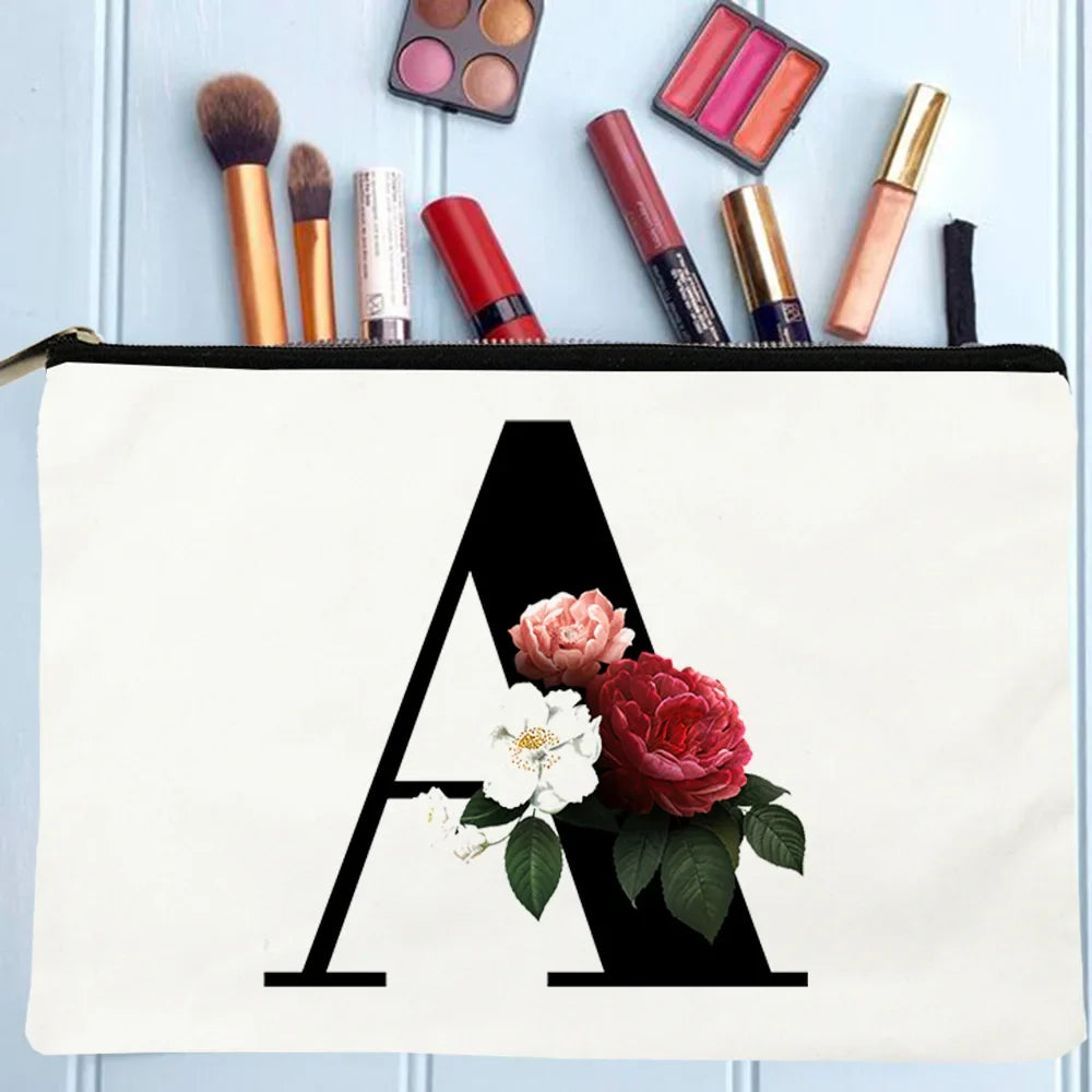 White Makeup Bags Flowers Alphabet Print