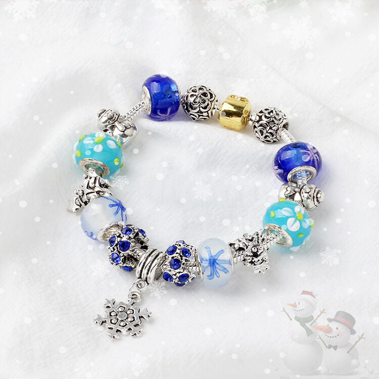 Christmas Snowman & Pine Tree Bead Bracelet with Snowflake Pendant Bracelet(18cm)