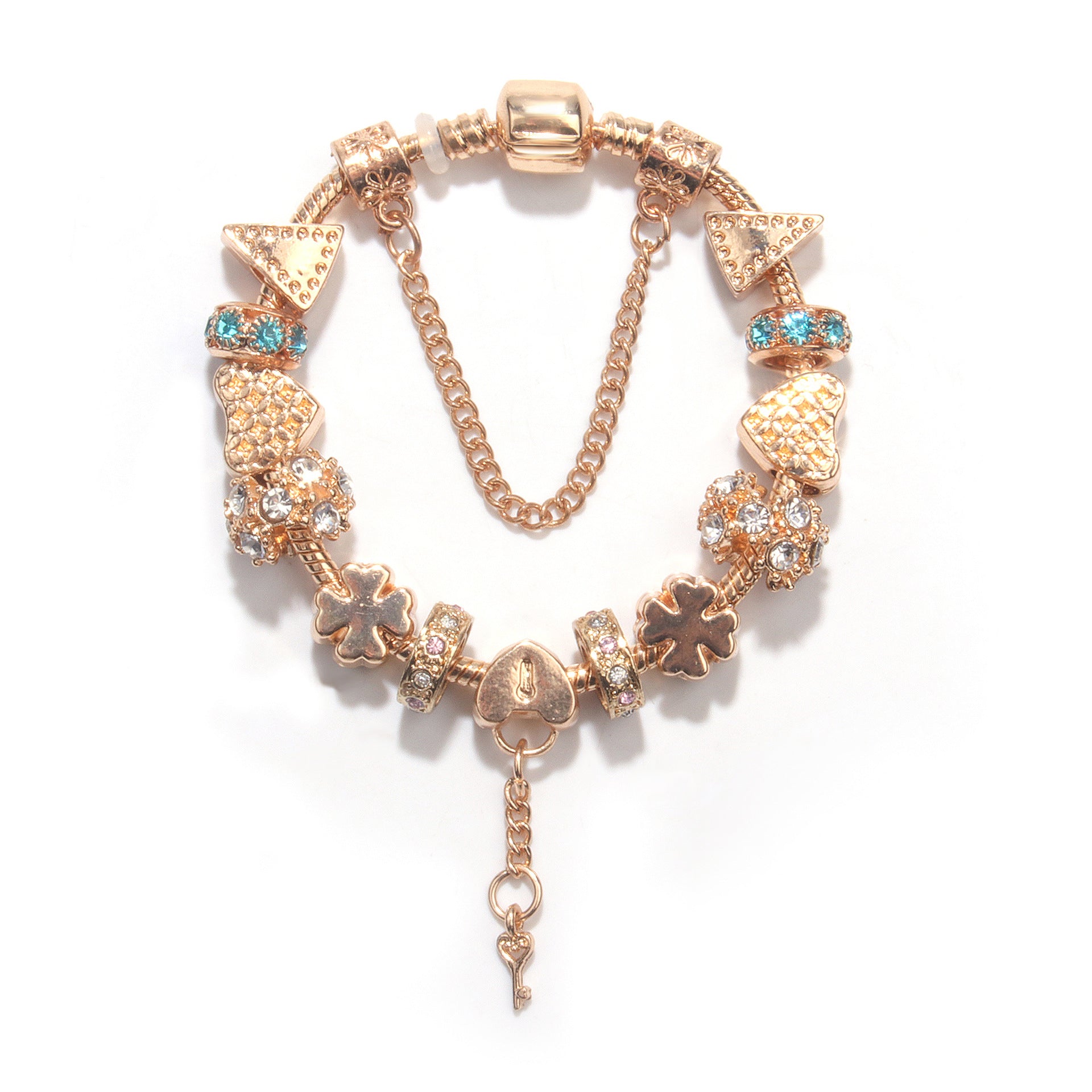 Rose Gold DIY Charm Bracelet with Crystal Heart, Clover & Key Pendant, Romantic Beaded Bracelet(19cm)