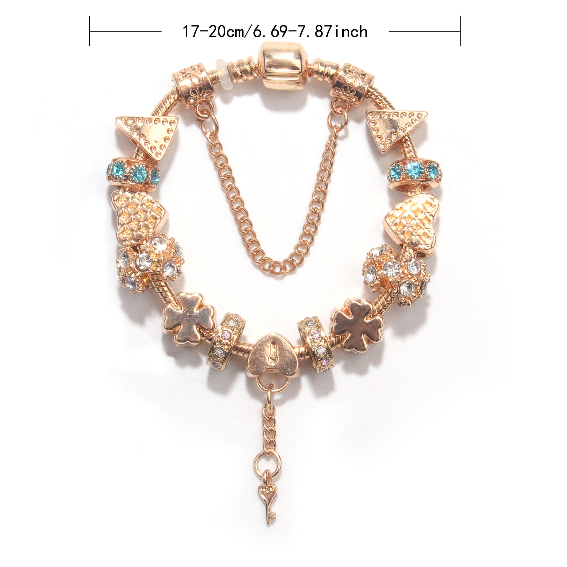Rose Gold DIY Charm Bracelet with Crystal Heart, Clover & Key Pendant, Romantic Beaded Bracelet(19cm)