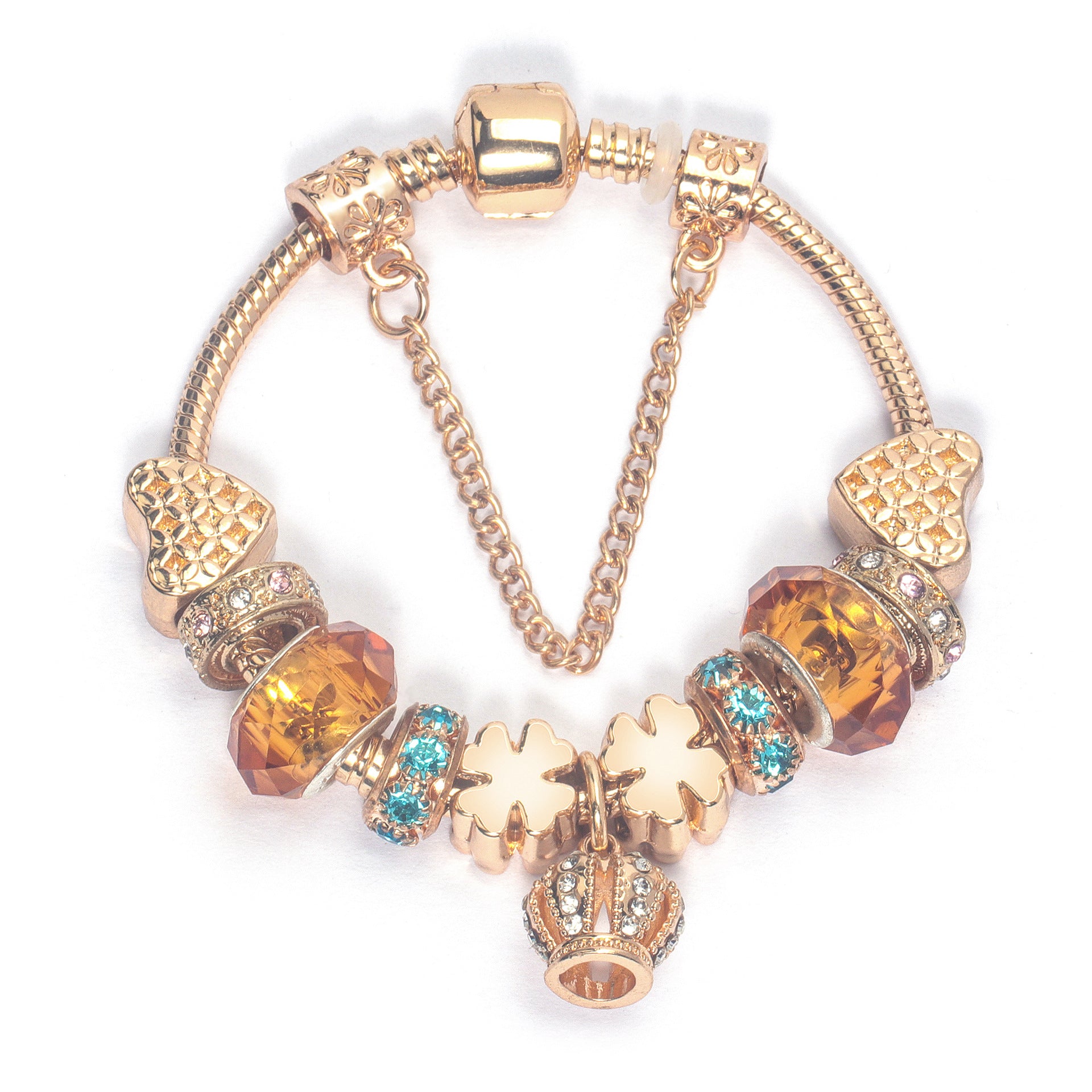 Rhinestone Gold Heart Glass Beaded Bracelet with Crown Pendant(17cm)