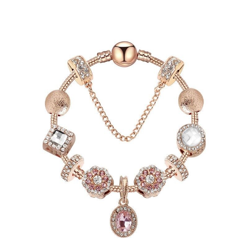 Vintage Gold Bracelet with Crystal, Zircon & Floral Beads, Oval Zircon Pendant(20cm)
