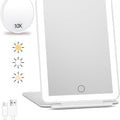 Rechargeable travel makeup mirror with lighting - 10x magnification - portable illuminated makeup mirror - 80 LEDs - 2000 mAh battery - 3-color lighting - touch dimming - tabletop
