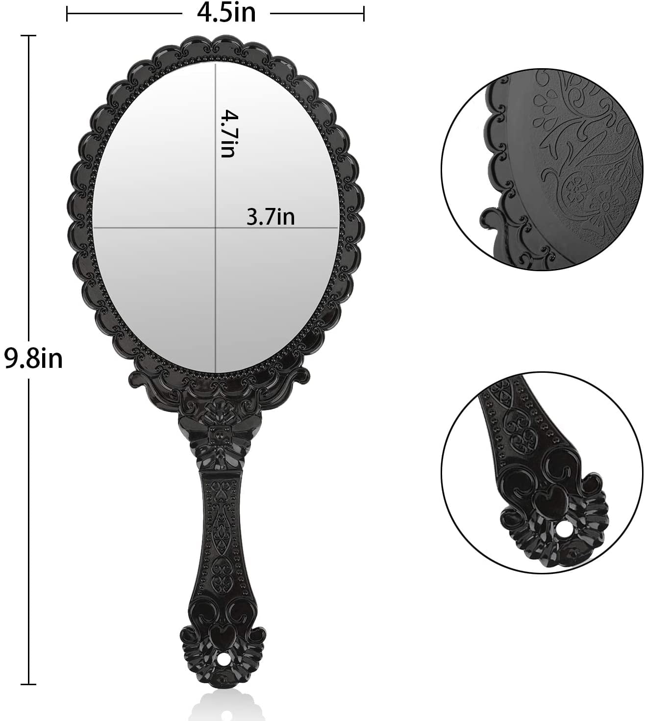 Vintage Handheld Mirror, Small Hand Held Decorative Mirrors for Face Makeup Embossed Flower Portable Antique Travel Personal Cosmetic Mirror Black