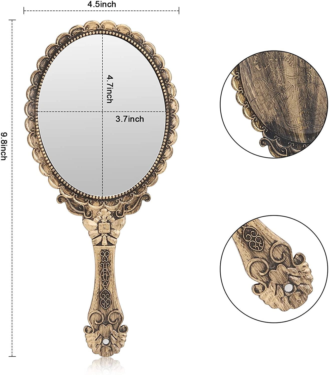 Vintage Handheld Mirror, Small Hand Held Decorative Mirrors for Face Makeup Embossed Flower Portable Antique Travel Personal Cosmetic Mirror Brass Gold