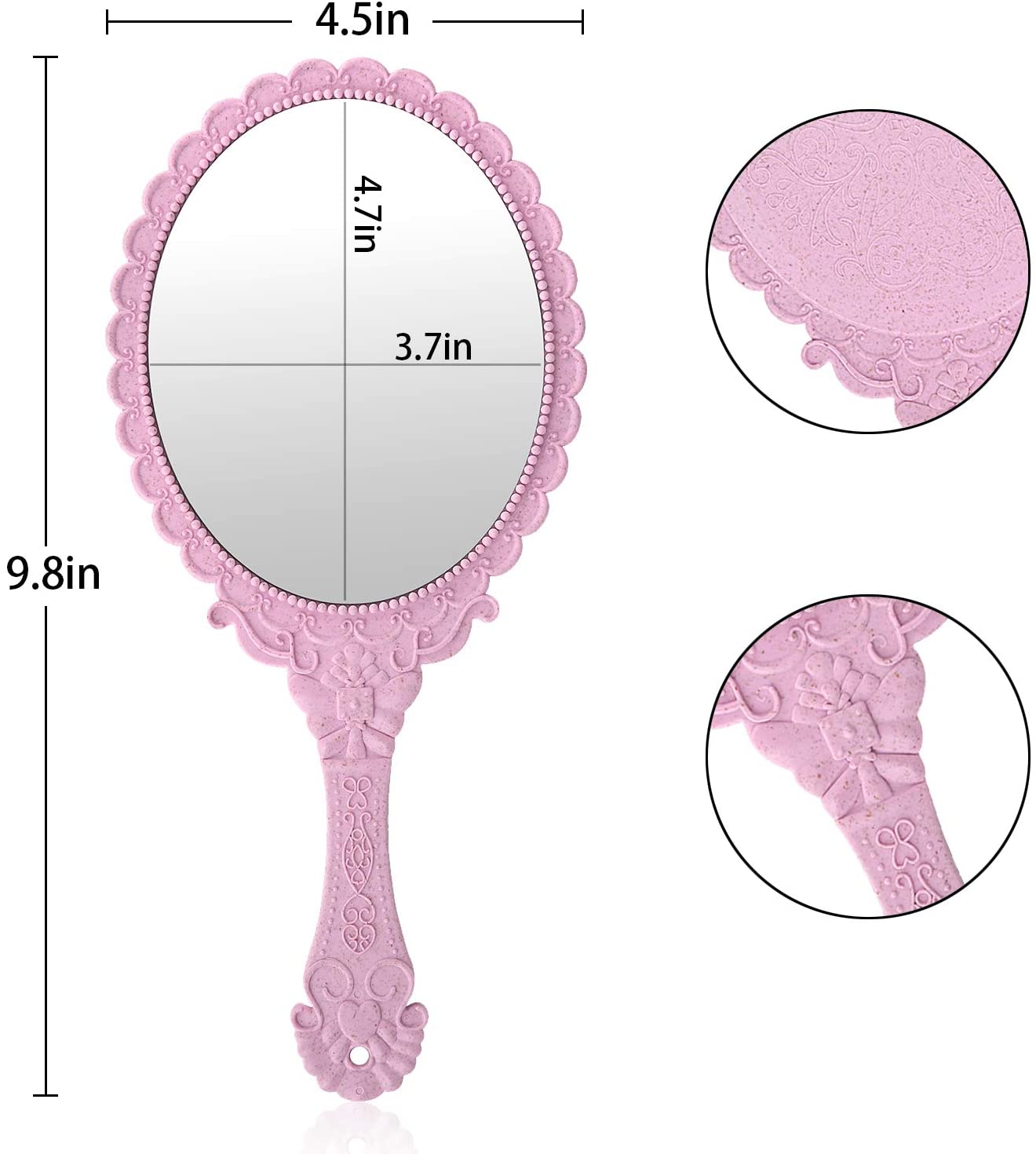 Vintage Handheld Mirror, Small Hand Held Decorative Mirrors for Face Makeup Embossed Flower Portable Antique Travel Personal Cosmetic Mirror Pink