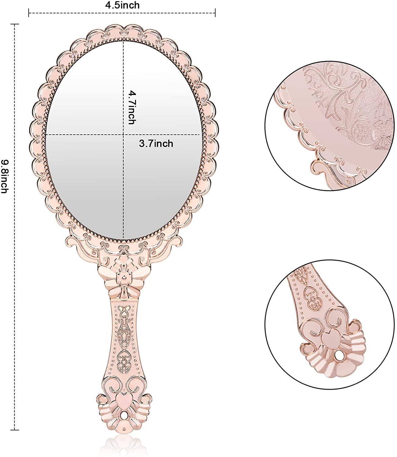 Vintage Handheld Mirror, Small Hand Held Decorative Mirrors for Face Makeup Embossed Flower Portable Antique Travel Personal Cosmetic Mirror Rose Gold