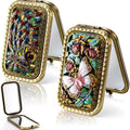 2 Pcs Vintage Foldable Makeup Mirror, Portable Cosmetic Pocket Double Sided Butterfly Peacock Vanity Metal Compact Small Folding Travel Mirror for Woman Girls
