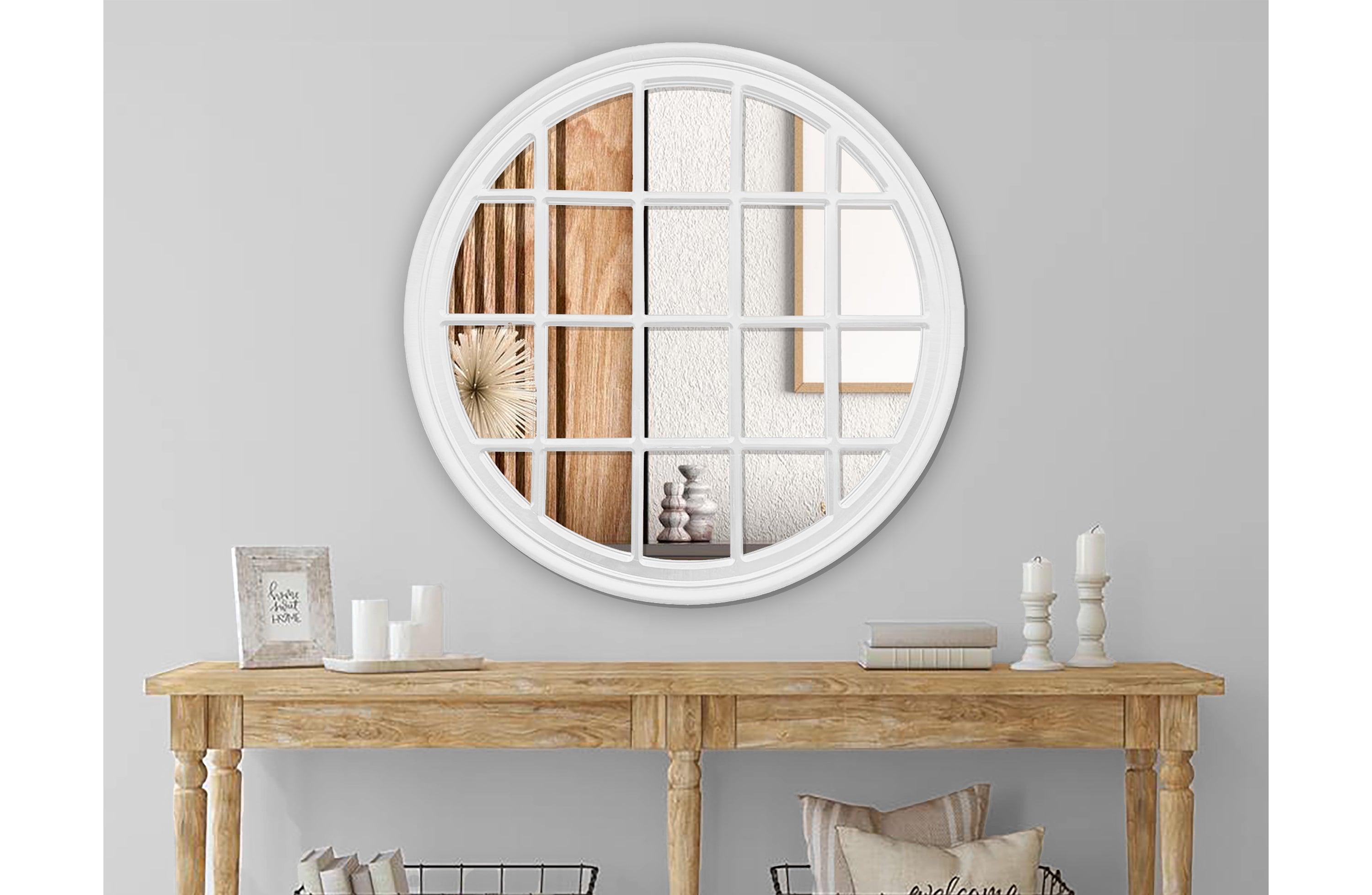 Window Style Mirror - White Circle 100cm