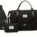 Black Chic 3-Piece Quilted Travel Bag Set - Duffel, Crossbody Sling & Toiletry Pouch - Large Capacity & Lightweight