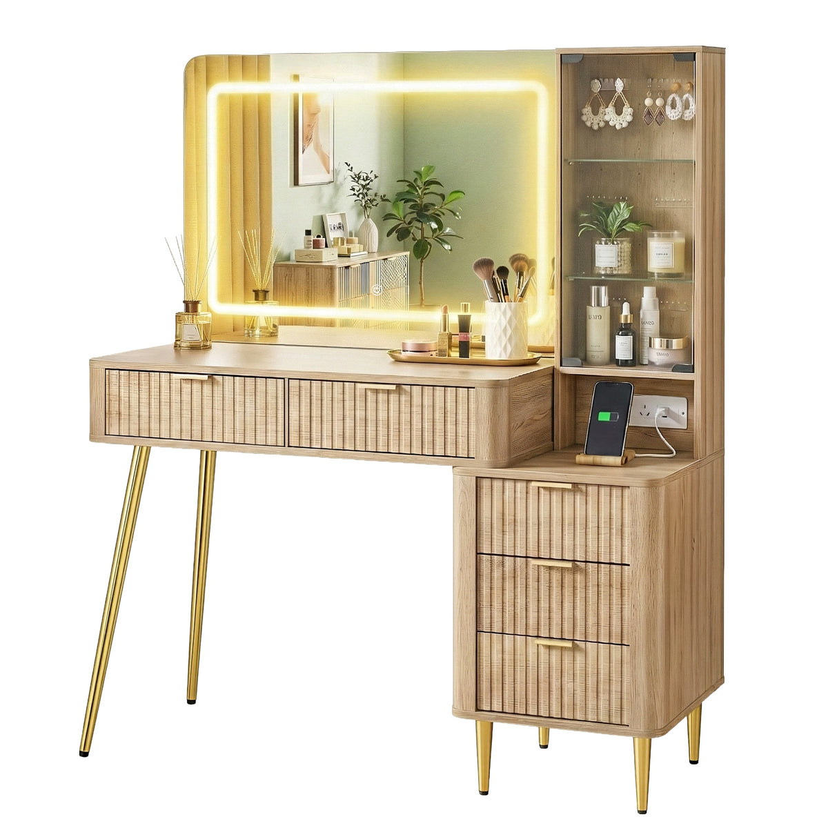 Artiss Dressing Table LED Vanity Desk Charging Station Wood - Glam Warehouse