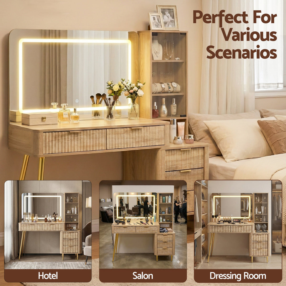 Artiss Dressing Table LED Vanity Desk Charging Station Wood - Glam Warehouse