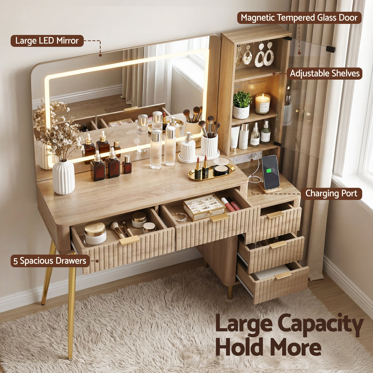 Artiss Dressing Table LED Vanity Desk Charging Station Wood - Glam Warehouse