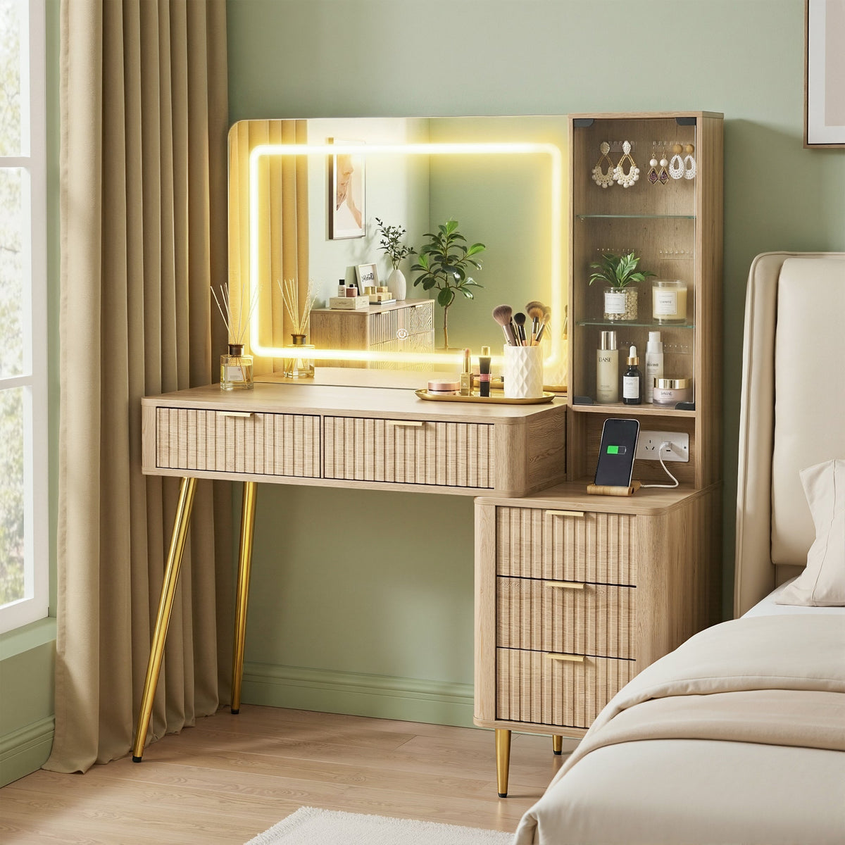 Artiss Dressing Table LED Vanity Desk Charging Station Wood - Glam Warehouse