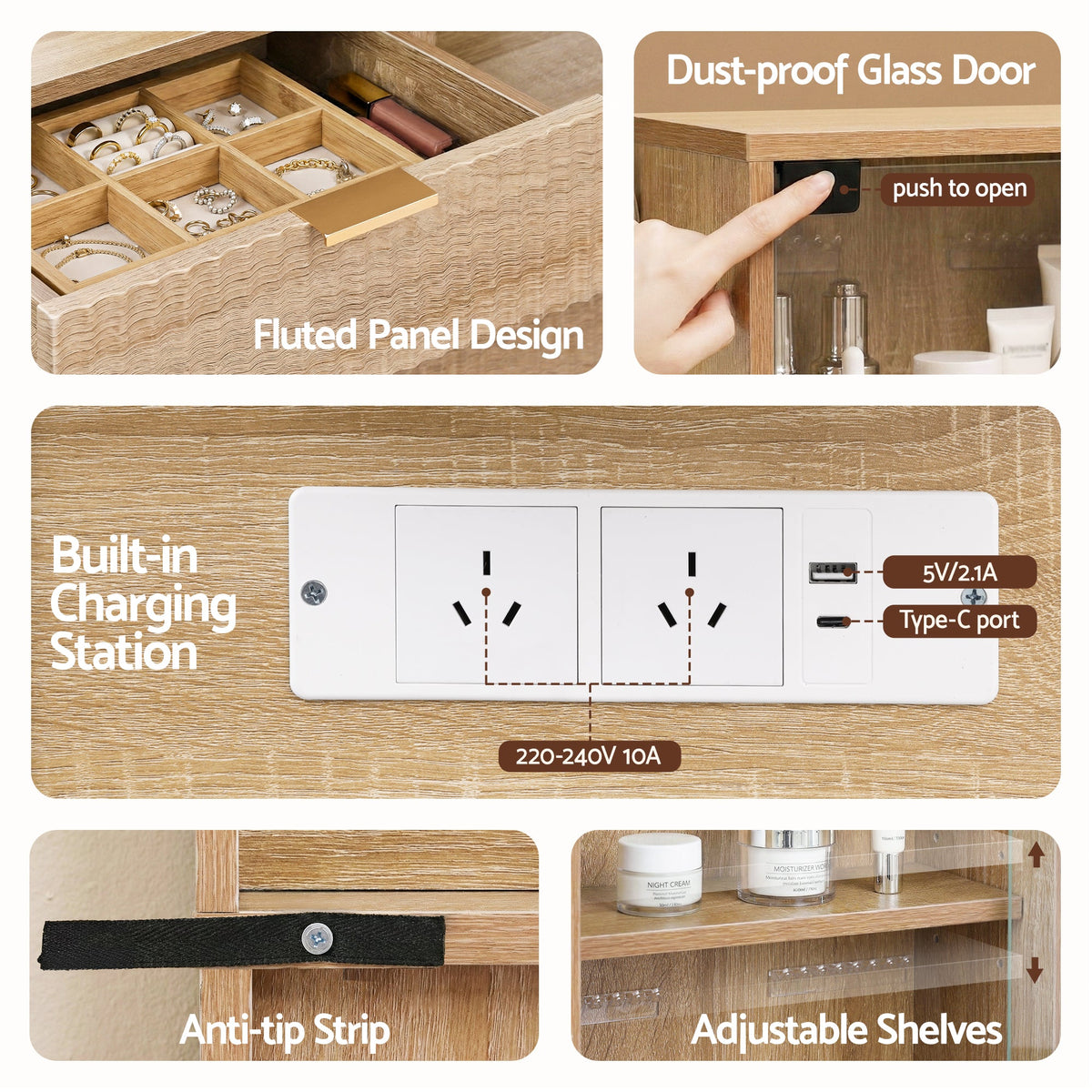 Artiss Dressing Table LED Vanity Desk Charging Station Wood - Glam Warehouse