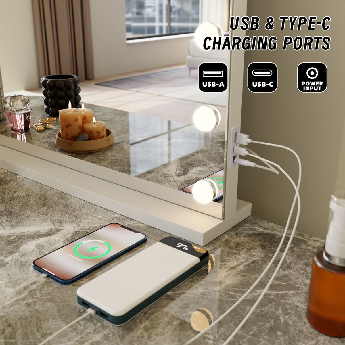 Beauty Mirror with 18 LED Bulbs, Colour Settings, White Frame, and USB A and C Ports - Glam Warehouse