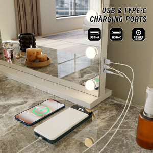 Beauty Mirror with 18 LED Bulbs, Colour Settings, White Frame, and USB A and C Ports - Glam Warehouse