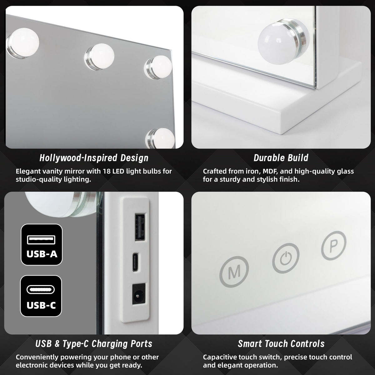 Beauty Mirror with 18 LED Bulbs, Colour Settings, White Frame, and USB A and C Ports - Glam Warehouse