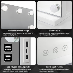 Beauty Mirror with 18 LED Bulbs, Colour Settings, White Frame, and USB A and C Ports - Glam Warehouse