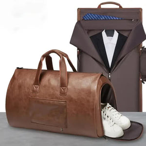 Black PU Leather Travel Duffel Bag - Large Capacity Waterproof Suit Bag with Shoe Compartment - Glam Warehouse