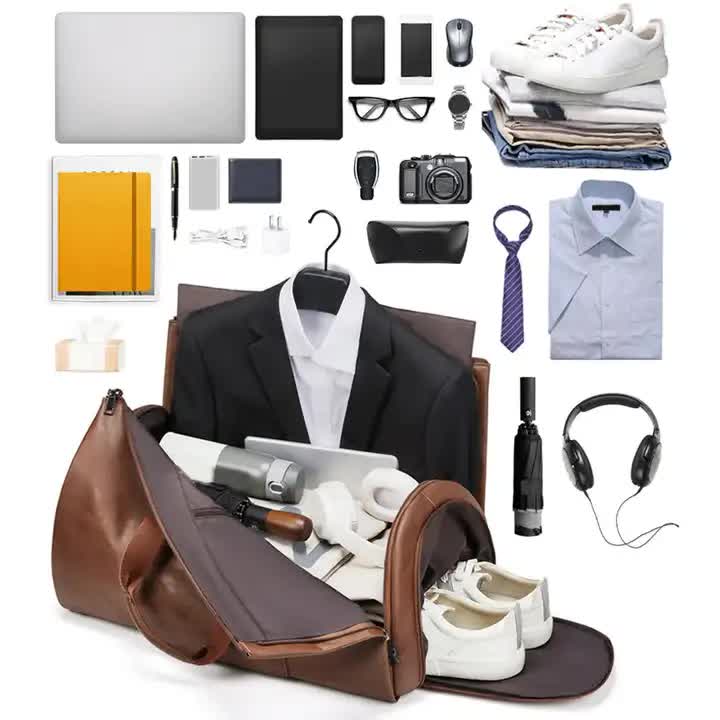 Black PU Leather Travel Duffel Bag - Large Capacity Waterproof Suit Bag with Shoe Compartment - Glam Warehouse