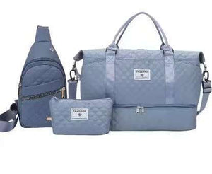 Blue Chic 3-Piece Quilted Travel Bag Set - Duffel, Crossbody Sling & Toiletry Pouch - Large Capacity & Lightweight - Glam Warehouse