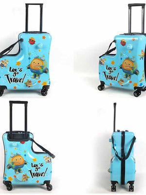 Blue Kids Ride-On Luggage - 20-Inch Cartoon Travel Suitcase with Footrest, Durable Rolling Carry-On for Children - Glam Warehouse