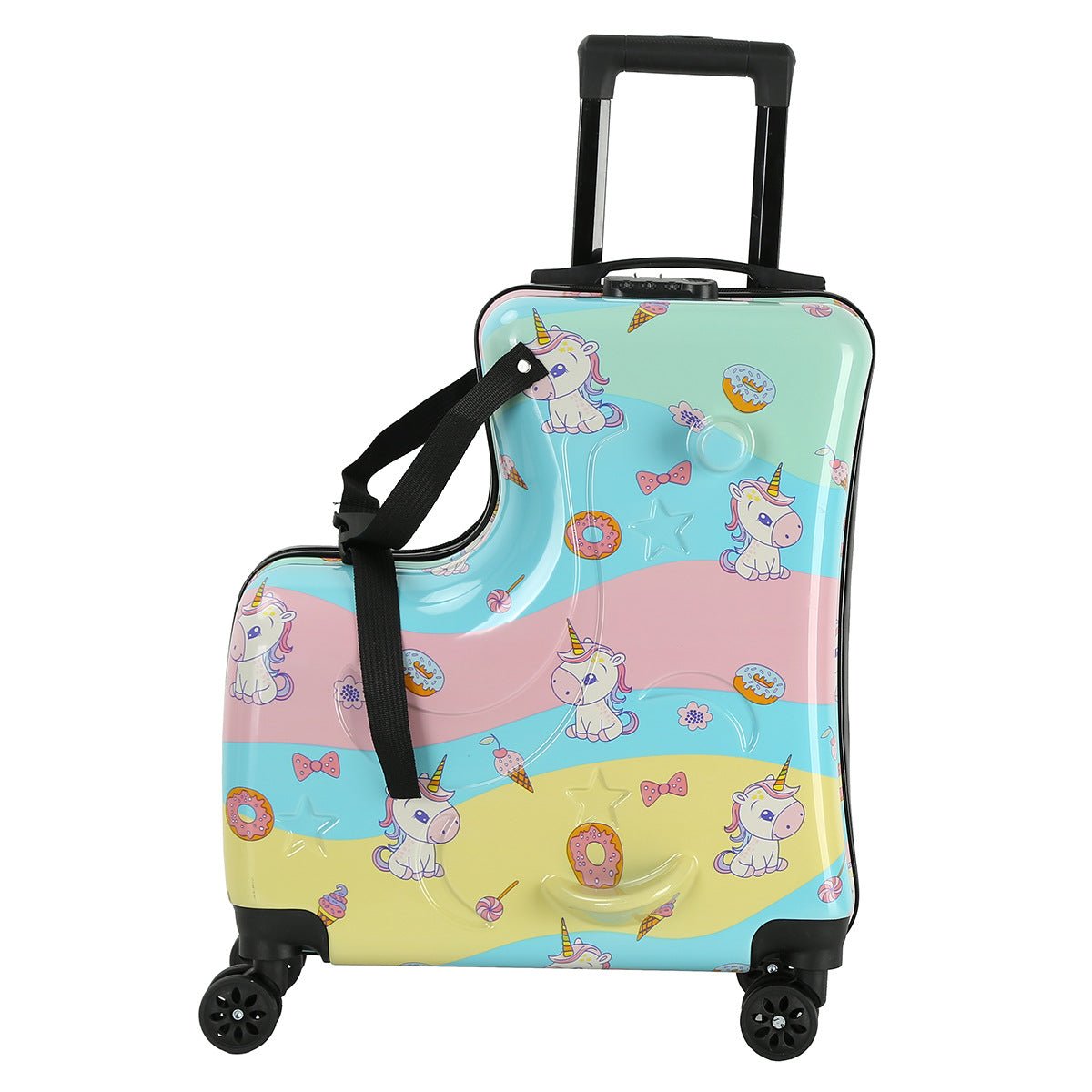 Blue Kids Ride-On Luggage - 20-Inch Cartoon Travel Suitcase with Footrest, Durable Rolling Carry-On for Children - Glam Warehouse