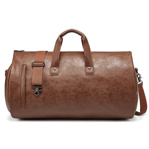 Brown PU Leather Travel Duffel Bag - Large Capacity Waterproof Suit Bag with Shoe Compartment - Glam Warehouse