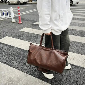 Brown Solid Color Unisex Large Capacity Fitness Bag - Leather Sports Bag, Crossbody Travel Bag, Gym and Luggage Handbag - Glam Warehouse