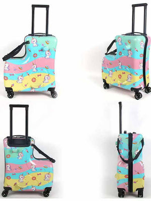 Colorful Kids Ride-On Luggage – 20-Inch Cartoon Travel Suitcase with Footrest, Durable Rolling Carry-On for Children - Glam Warehouse