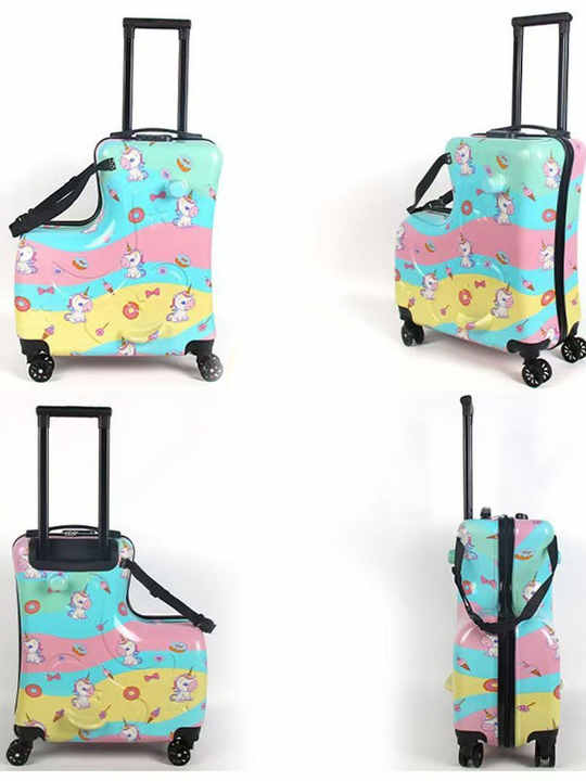Colorful Kids Ride-On Luggage – 20-Inch Cartoon Travel Suitcase with Footrest, Durable Rolling Carry-On for Children - Glam Warehouse