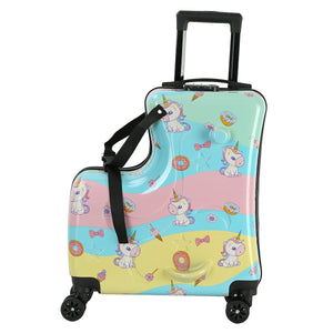Colorful Kids Ride-On Luggage – 20-Inch Cartoon Travel Suitcase with Footrest, Durable Rolling Carry-On for Children - Glam Warehouse