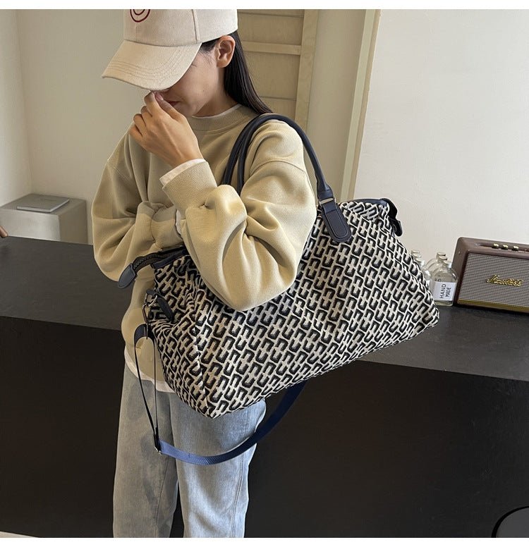 Dark Blue Stylish Geometric Pattern Travel Duffel Bag - Large Capacity Lightweight Weekender & Gym Bag - Glam Warehouse